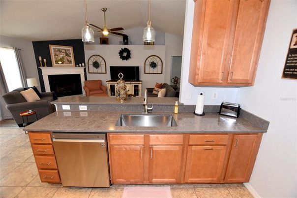 Fireplace, Interior, Kitchen, Living room, Pendant Lights