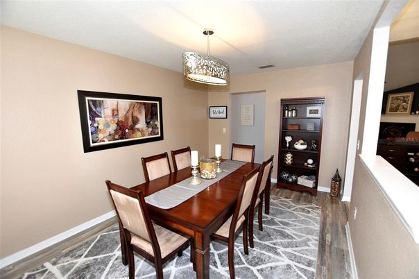 Dining room, Interior, Pendant Lights, Wood Texture Flooring