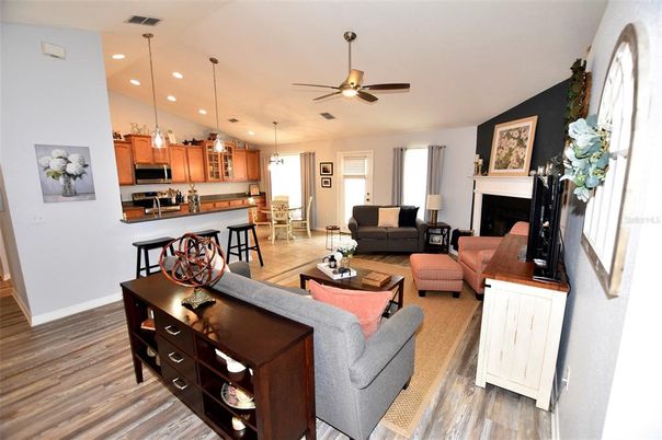 Fireplace, Interior, Kitchen, Living room, Pendant Lights, Recessed Lighting, Wood Texture Flooring