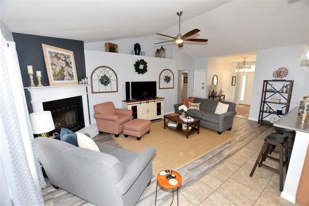 Dining room, Fireplace, Interior, Living room, Pendant Lights, Wood Texture Flooring