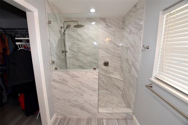 Bathroom, Glass Shower, Interior, Marble Walls, Recessed Lighting, Walk-in Closets