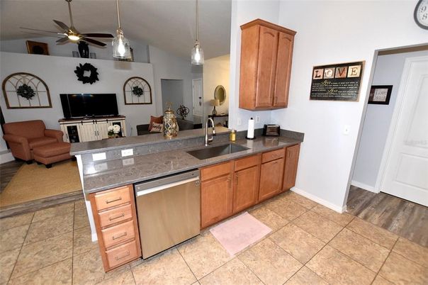 Interior, Kitchen, Pendant Lights, Wood Texture Flooring