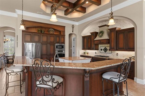 Interior, Kitchen, Pendant Lights, Recessed Lighting, Stainless Steel Appliances, Wooden Beams