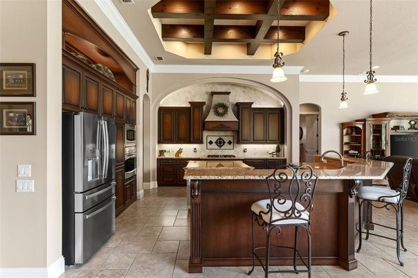 Interior, Kitchen, Pendant Lights, Stainless Steel Appliances, Wooden Beams