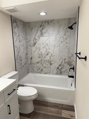 Bathroom, Interior, Marble Walls, Recessed Lighting, Wood Texture Flooring
