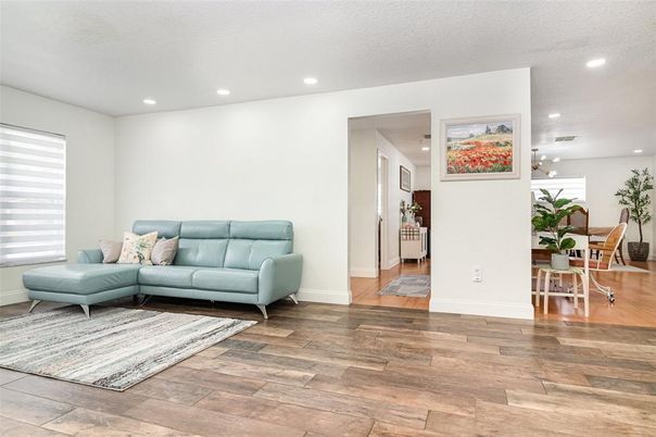 Dining room, Interior, Recessed Lighting, Wood Texture Flooring
