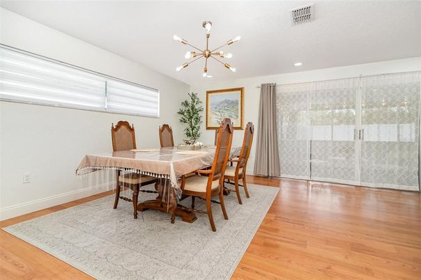 Dining room, Interior, Pendant Lights, Recessed Lighting, Wood Texture Flooring