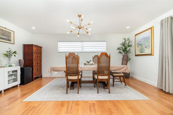 Dining room, Interior, Pendant Lights, Recessed Lighting, Wood Texture Flooring
