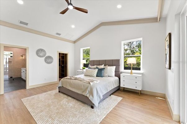 Bedroom, Interior, Recessed Lighting, Wood Texture Flooring