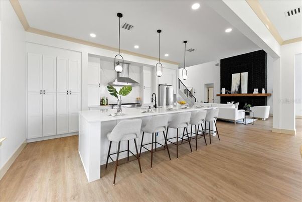 Interior, Kitchen, Pendant Lights, Recessed Lighting, Stainless Steel Appliances, Wood Texture Flooring