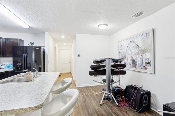 Fitness Equipment, Interior, Kitchen, Recessed Lighting, Wood Texture Flooring