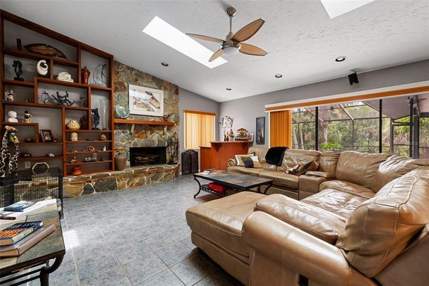 Fireplace, Interior, Living room, Recessed Lighting, Stone Walls
