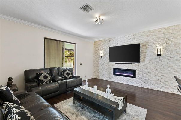 Fireplace, Interior, Living room, Stone Walls, Wood Texture Flooring