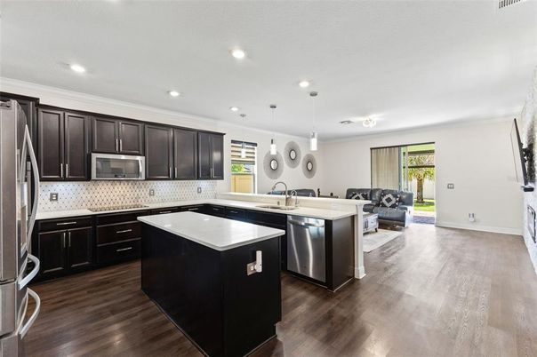 Interior, Kitchen, Living room, Pendant Lights, Recessed Lighting, Stainless Steel Appliances, Wood Texture Flooring