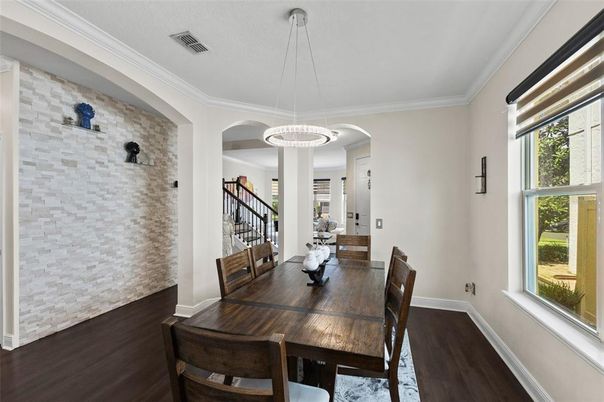 Dining room, Interior, Pendant Lights, Wood Texture Flooring