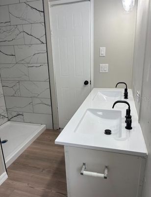 Bathroom, Interior, Marble Walls, Wood Texture Flooring