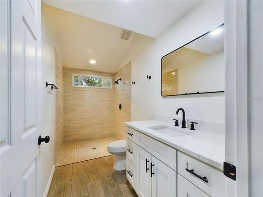 Bathroom, Interior, Recessed Lighting, Wood Texture Flooring