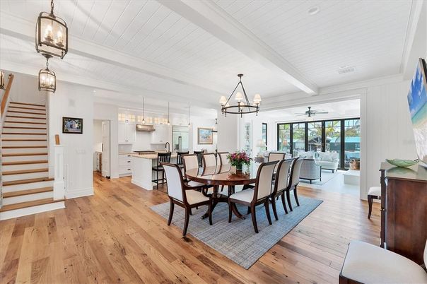 Chandelier, Dining room, Interior, Kitchen, Living room, Pendant Lights, Wood Texture Flooring
