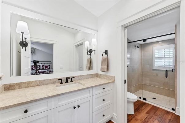 Bathroom, Glass Shower, Interior, Recessed Lighting, Wood Texture Flooring