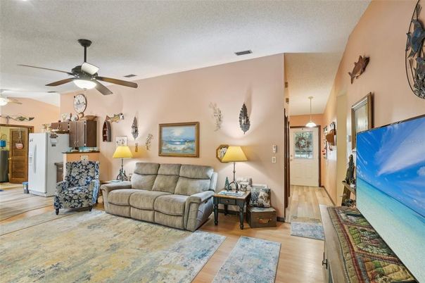 Interior, Kitchen, Living room, Pendant Lights, Wood Texture Flooring