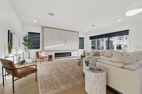 Fireplace, Interior, Living room, Recessed Lighting, Wood Texture Flooring