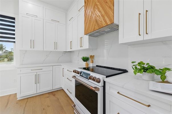 Interior, Kitchen, Marble Walls, Stainless Steel Appliances, Wood Texture Flooring