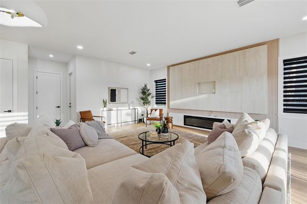 Fireplace, Interior, Living room, Recessed Lighting, Wood Texture Flooring