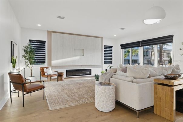 Fireplace, Interior, Living room, Pendant Lights, Recessed Lighting, Wood Texture Flooring