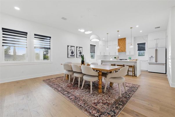 Dining room, Interior, Kitchen, Pendant Lights, Recessed Lighting, Wood Texture Flooring