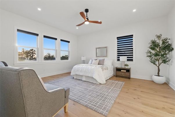 Bedroom, Interior, Recessed Lighting, Wood Texture Flooring