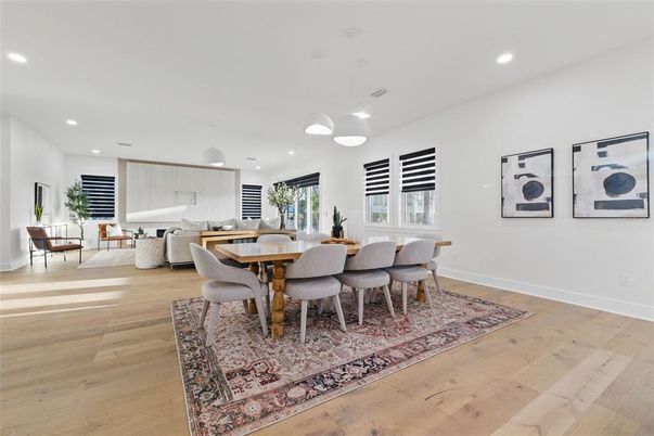 Dining room, Interior, Living room, Pendant Lights, Recessed Lighting, Wood Texture Flooring