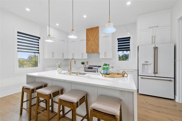 Interior, Kitchen, Pendant Lights, Recessed Lighting, Wood Texture Flooring