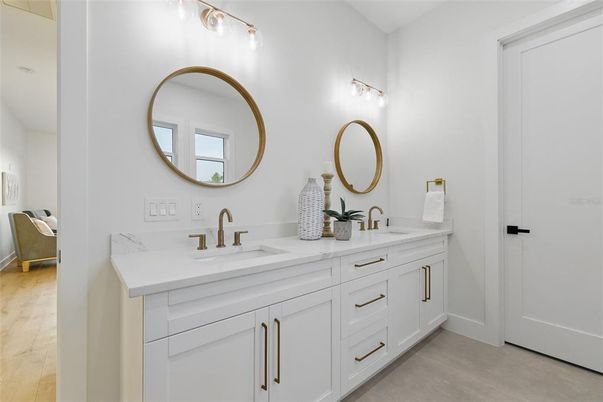 Bathroom, Dual Sink Vanities, Interior, Wood Texture Flooring