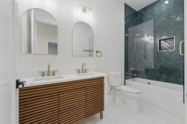Bathroom, Dual Sink Vanities, Glass Shower, Interior, Marble Walls