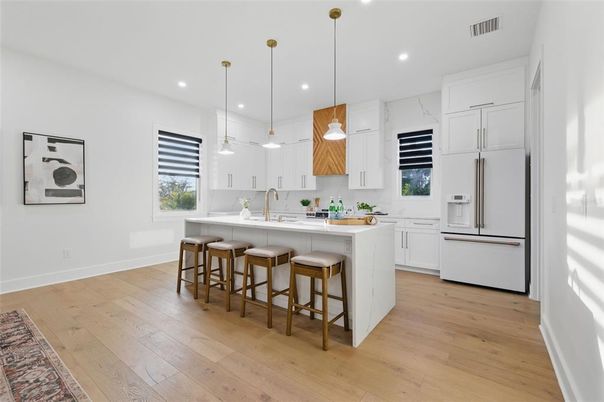 Interior, Kitchen, Pendant Lights, Recessed Lighting, Wood Texture Flooring