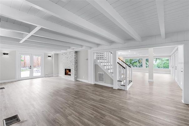 Empty room, Fireplace, Interior, Recessed Lighting, Wood Texture Flooring