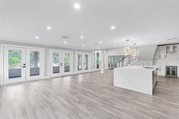 Chandelier, Interior, Kitchen, Pendant Lights, Recessed Lighting, Wood Texture Flooring