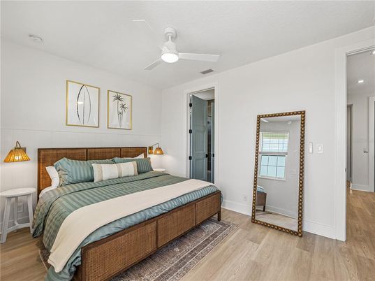 Bedroom, Interior, Recessed Lighting, Wood Texture Flooring