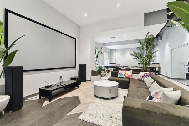 Interior, Living room, Projection Screen, Recessed Lighting, Wood Texture Flooring