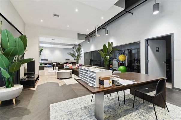 Dining room, Fitness Equipment, Interior, Living room, Recessed Lighting, Wood Texture Flooring