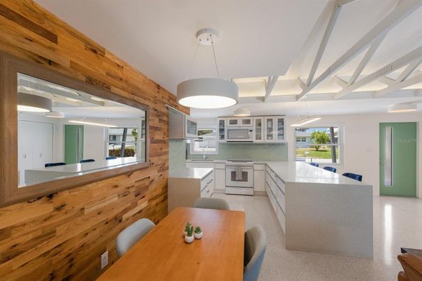 Dining room, Interior, Kitchen, Pendant Lights, Wooden Walls