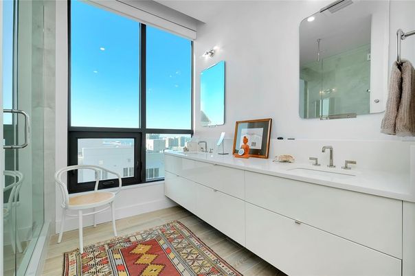 Bathroom, Dual Sink Vanities, Glass Shower, Interior, Wood Texture Flooring