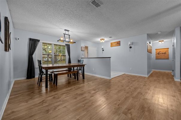 Dining room, Interior, Pendant Lights, Wood Texture Flooring