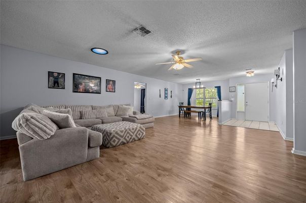 Dining room, Interior, Living room, Pendant Lights, Wood Texture Flooring