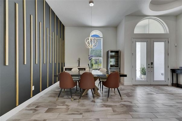 Dining room, Interior, Pendant Lights, Wood Texture Flooring