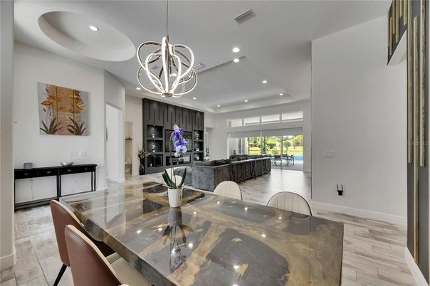 Dining room, Interior, Living room, Pendant Lights, Recessed Lighting, Wood Texture Flooring