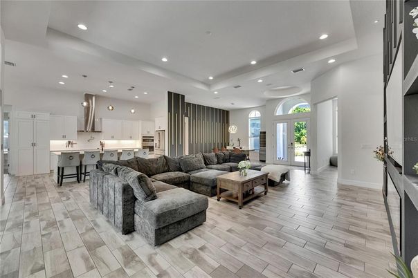 Interior, Kitchen, Living room, Pendant Lights, Recessed Lighting, Stainless Steel Appliances, Wood Texture Flooring