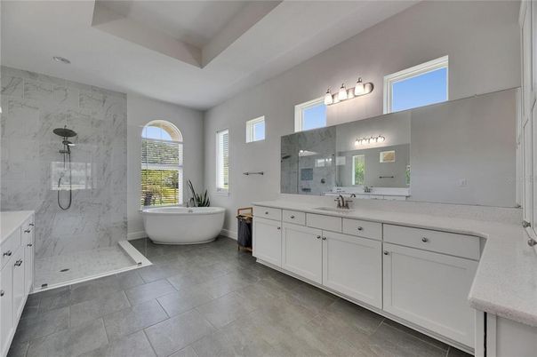 Bathroom, Dual Sink Vanities, Free Standing Baths, Glass Shower, Interior, Marble Walls
