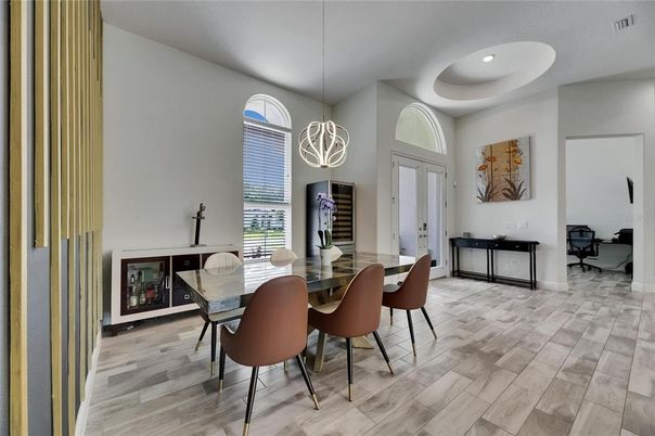 Dining room, Interior, Pendant Lights, Recessed Lighting, Wood Texture Flooring