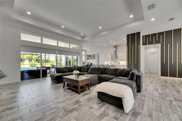 Interior, Kitchen, Living room, Recessed Lighting, Wood Texture Flooring